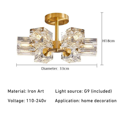 Luxurious Gold Crystal Semi Flush Mount Ceiling Light
